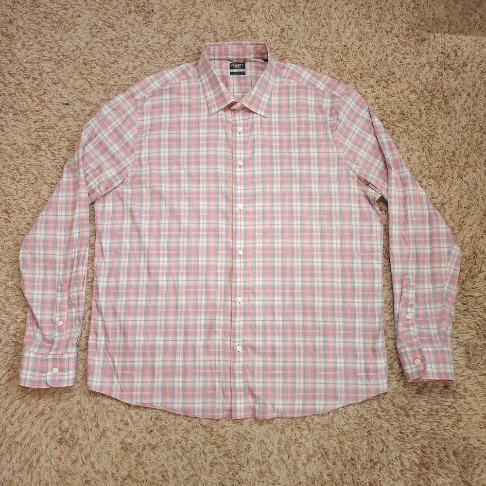 Faherty Movement Shirt Mens XXL Pink Blue Plaid Supima Cotton Stretch Button Up